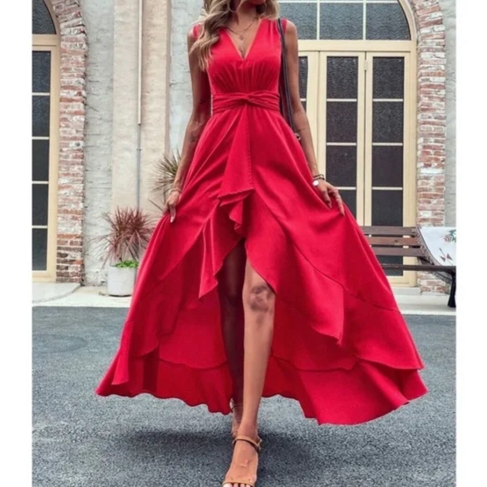 Luxurious Sleeveless High Low Ruffle Maxi Dress